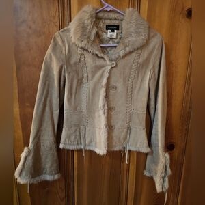 Bebe brand leather and rabbit fur jacket. Cream color. Size small.